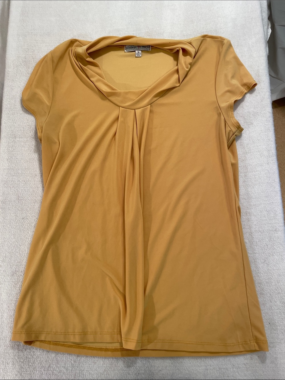 Vintage Suzie Mustard Draped Pleat-Front Short-Sleeve Top